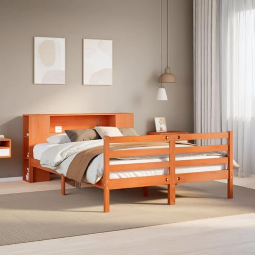 Mandloder Massivholzbett mit Regal, Kiefernholz Wachsbraun, 140x200 cm, Robustes Bettgestell mit Lattenrost, Stauraum Kopfteil für Bücher, platzsparendes Design