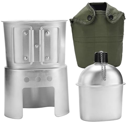 Feldflaschen-Set, 850-ml-Aluminium-Metall-Feldflasche mit Becher und Herd, komplettes Armee-Feldflaschen-Set für Camping, Wandern und Outdoor-Abenteuer aus Metall