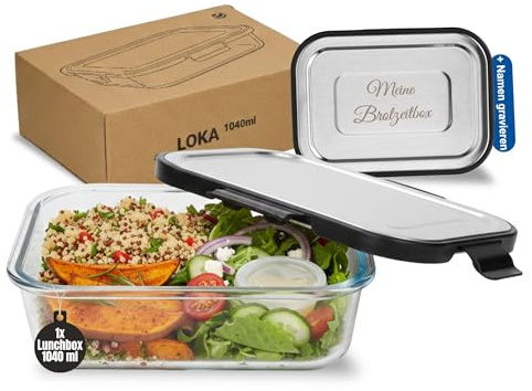 Personalisierte Lunchbox 1040 ml Glas - auslaufsichere Meal Prep Schwarz | hitzebeständig, 4-fach Clip, Deckel, Meal Prep, Mikrowelle, Gefrierschrank, stapelbar, gravierbar