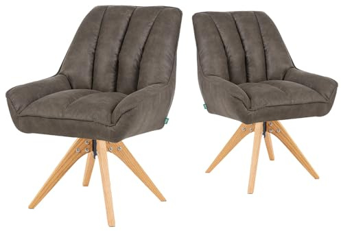 DUBI Möbel Esszimmerstühle 2er Set 360° drehbar mit Taschenfederkern, hoher Sitzkomfort, bis 150 kg belastbar, abriebfester Stoff Taupe, Eiche Massivholzgestell geölt (Natur), Mika-Lio