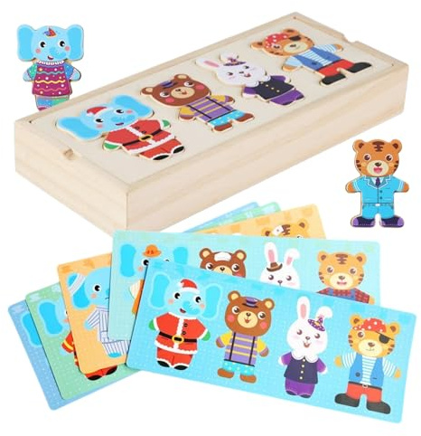 Magnetische Holzpuzzles Zum Anziehen - 24CM Bärenfamilie Holzkiste Anziehpuzzle | Verkleidung PUSSY Set Für Kinder Mit Aufbewahrungsbox | Magnetisches Puzzle, Spielzeug Mädchen Und Jung