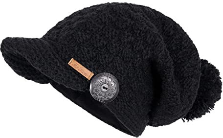 McRon Damen Gefütterte Beanie Wollmütze mit Bommel Mika Schwarz 9511