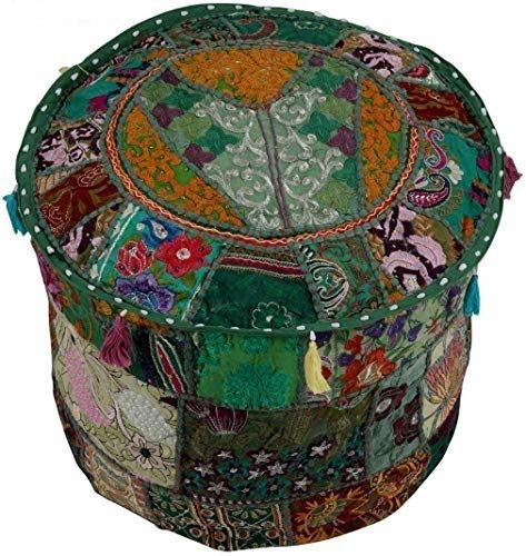 Sophia-Art Indian Embroidered Patchwork Cover Indian Decorative Pouf Indian Comfortable Floor Cotton Cushion Ottoman Pouf,Indian Designs Ethnic Patchwork Pouf (Grün, 18 x 13)