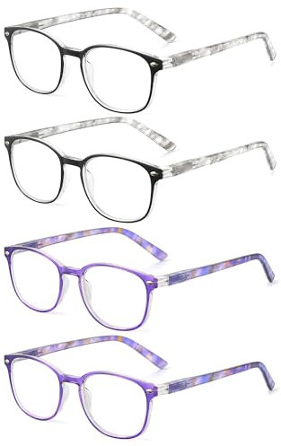 JM Reading Glasses Women with Spring Hinge 4 Pack, Lightweight Quality Vintage Readers Colorful Square Glasses for Ladies +3.0 Magnifying