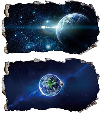 2Pcs Weltraum Erde Planeten Space Wandtattoo 3D Effekt V05 Wandsticker XXL Wanddurchbruch Fenster Wandaufkleber Universum Sterne für Kinderzimmer Jungenzimmer mädchenzimmer Groß 1000mmx580mm