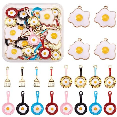 Cheriswelry 30pcs Enamel Fried Egg Pendants Frying Pan with Egg Dangle Charm for DIY Jewellery Craft Making Hole: 1.4-2mm