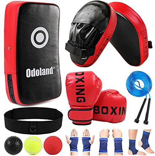 Odoland 6-in-1 Boxing Gloves Kit with Boxing Pad, Kicking Gloves, Reflex Ball, Protective Gear, Jump Rope, Boxing Set for Boxing Kickboxing Karate Muay Thai MMA Training