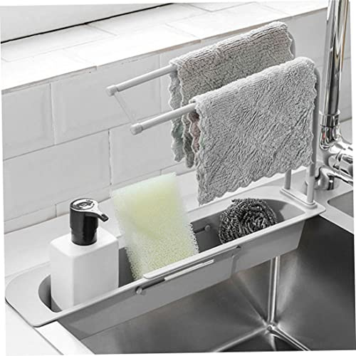 Hilai Kitchen Sink Caddy Organiser, Telescopic Sink Rack Expandable Storage Drain Basket with Dishcloth Hanger Grey