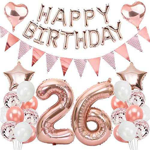 Ouceanwin Palloncini 26 Anni Compleanno Oro Rosa, Giganti Foil Palloncini Numero 26, Palloncini Happy Birthday Striscione, Festa di Compleanno Kit Decorazioni per 26 anni Donna
