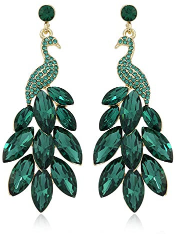 Vintage Pfau baumelnde Ohrringe für Damen und Mädchen, 14 Karat vergoldet, grüner Kristall, Feder, Pfauenform, Statement-Ohrstecker, Boho, übertriebener Geburtstag, Urlaub, Schmuck, Geschenke,