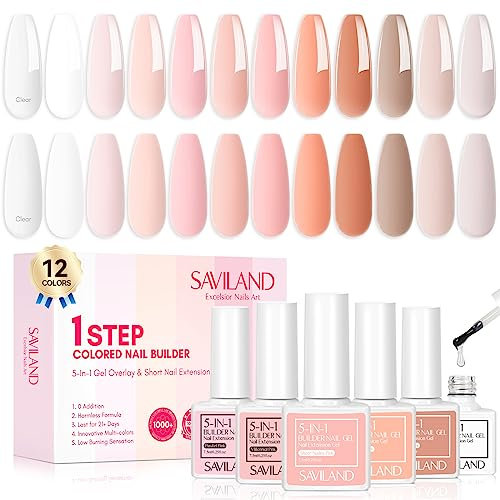 Saviland 12 Colors Builder Nail Gel Set - 5-in-1 Builder Gels for Nails Nail Strengthener for Thin Nails and Growth Gel Overlay Short Nail Extension Soak Off U V LED Builder Hard Gel, Gifts for Women