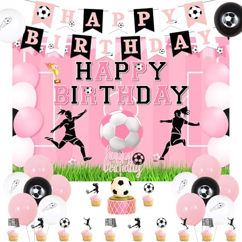 Decorazioni di buon compleanno per ragazze, striscione di buon compleanno con pallone da calcio rosa, palloncini da calcio neri e rosa, topper per cupcake per ragazze a tema sportivo per feste di