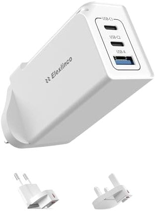 65W USB C Plug, Elexlinco GaN II Fast Charger, 3-Port USB C Charger Plug with UK, US, EU Travel Adapter, Compatible with MacBook Pro/Air, HP Laptops, iPad, iPhone 15/Pro/Max, Galaxy S24/S23 and More