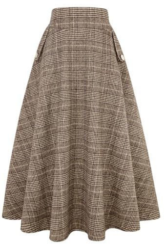 IDEALSANXUN Damen Herbst/Winter Hohe Taille Plaid Slim A-Linie Langer Rock, Kariertes Gitter Kaffee, 3X-Groß