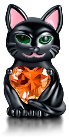 Rimgoris 925 Charm in argento sterling per bracciali da donna collana Gatto Nero Cuore Rosso Charm Gemma Donna Bracciale Charm