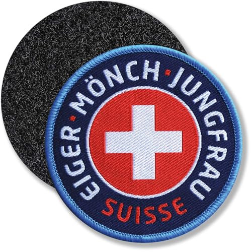 Klettpatch 68 mm - Eiger Mönch Jungfrau Höhe 4.158 m Schweiz Suisse (Blau) / Alpines Dreigestirn Jungfraubahn Berner Alpen Bern Wallis Aletschgletscher Grindelwald Eiger Nordwand