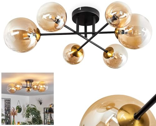 HOFSTEIN Deckenleuchte Chehalis, Deckenlampe aus Metall/Glas in Schwarz/Gold/Bernstein/Klar, moderne Retro/Vintage Leuchte mit Schirmen aus Glas (Ø 10 cm, 12 cm, 15 cm), 6 x G9, Wohnzimmer, Küche