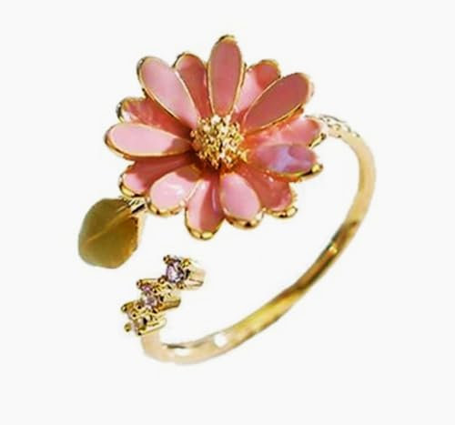Ichlovdu Frauen Ring mit Emaille Rosa Gänseblümchen und Blattmotiv offener Ring