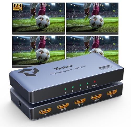 Yinker 8K HDMI 2.1 Splitter 1 in 4 Out (1x4), 40G Bandwidth, 8K@60Hz 4K@120Hz, Support HDCP 2.3 & EDID, Mirror/Duplicate Only, Plug & Play for PS5 Xbox Fire Stick HDTV