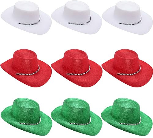 Toyland® Packung mit 9 Glitzer-Cowboyhüten mit Wales Farbthema – 3 Weiß, 3 Rot und 3 Grün – Größe 34 cm (13 Zoll) – Perfekt für Euro, Weltmeisterschaft und Festivals