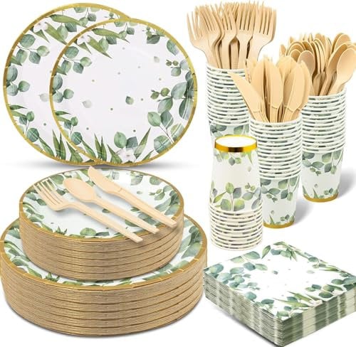 Sage Green Baby Shower Decorations Plates & Cups Sets, 350pcs Party Supplies, Paper Plates Cups Napkins for Boho Bridal/Baby Shower Theme Party, Serves 50