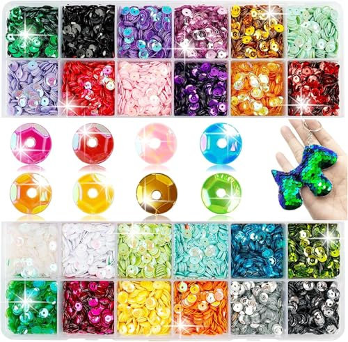 24 Colors Loose Sequins, 5MM Bulk Sequins Trim Round Embroidery Sequins with Holes, Iridescent Spangles Loose Cup Sequins for Sewing Handmade DIY Art Craft Making
