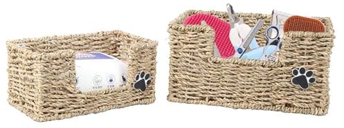 Ctomche Wicker Dog Toy Basket,Dog Grooming Box Toy Box for Dog Seagrass Basket,Trapezoid Cat Dog Toy Storage Bin with Handle,Dog Accessory Storage Organiser,Cat Box Puppy Toy Basket for Dog Stuff,Toy