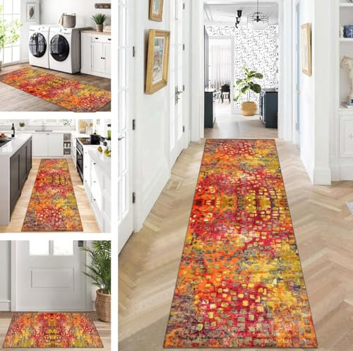 ZUZEKU Teppich Läufer Lang Flur Küche rutschfest waschbar Teppichmatten Modern Design Küchenläufer Gelb Rot Orange 60X250cm Küchenteppich Meterware Esszimmer Schlafzimmer Wohnzimmer Schmutzfangmatte