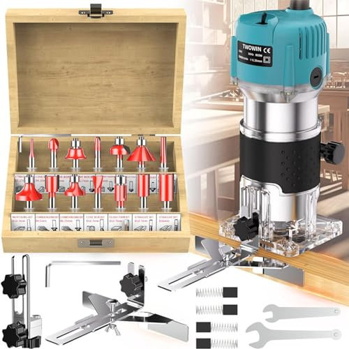 Electric Hand Holz Oberfräse Kantenfräse, 800W 30000RPM Trimmfräser mit mit 15-teiligem 1/4-Fräsersatz, Oberfräse Trimmer Einhandfräse Kantenfräse Holz Fräse Multifunktionsfräse (A)