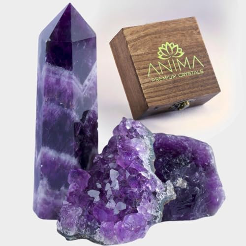 Anima Premium Amethyst Stein Set – Amethyst-Turm, Cluster und Rohkristall – Große Kristalle und Heilsteine in Holzbox – Ideales spirituelles Geschenk für Frauen zur Meditation und erholsamen Schlaf