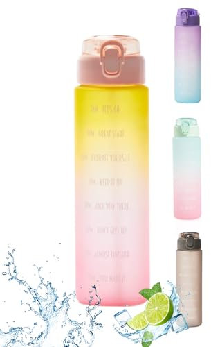 1L Sports Water Bottle with Straw, Time Marker, Lock Cover - BPA-Free, Leakproof & Reusable, Motivational with Portable Handle for Gym, Outdoor, Cycling, Running, School Hydration (Yellow/Pink)