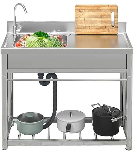 Fregadero comercial para restaurante con mesa de trabajo, fregadero de acero inoxidable de un solo tazón para exteriores, fregadero para cocina de hotel, bar, restaurante y hogar, fregadero