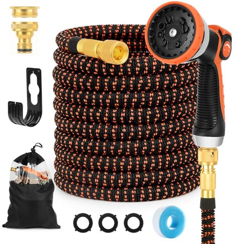 30M Gartenschlauch Flexibel,10 Funktionen Gartenschlauch mit 1/2 und 3/4 zoll Messinganschlüsse,Ausziehbarer Wasserschlauch für Bewässerung, Gartenreinigung, Autowäsche, Gießen, Badewanne.