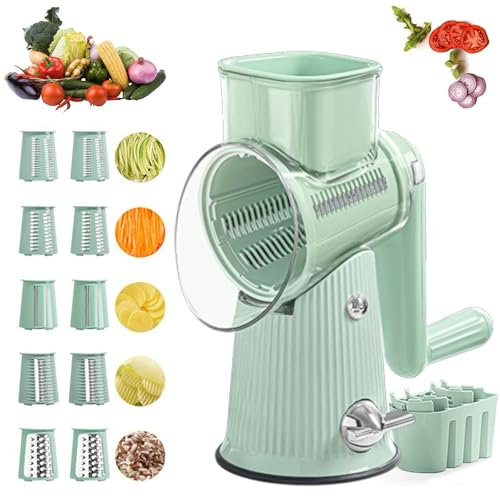 Le D Affaires 5 in 1 Gourmet Cheese Grater and Vegetable Slicer - Rotary With Handle, 10 Stainless Blades, Large With Blade Boxes (2-Green)