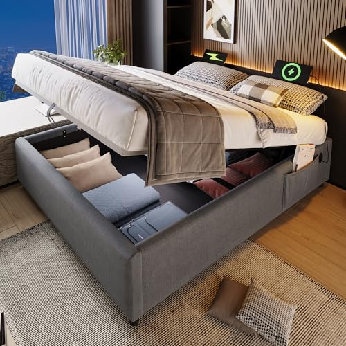 Zravenna Polsterbett 160×200 cm mit Bettkasten, Gepolstert Bett mit Struraum, Struraumbett mit US/B-C, Bettgestell mit Vollflächiger Lattenrost, Ohne Kopfteil, Baumwolle, Grau