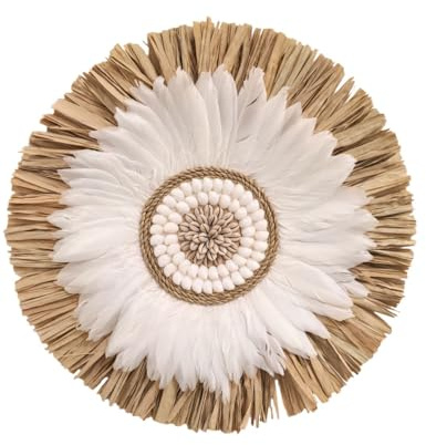 Wanddekoration, Bohème, aus Raphia, Muscheln & Federn, Durchmesser 40 cm