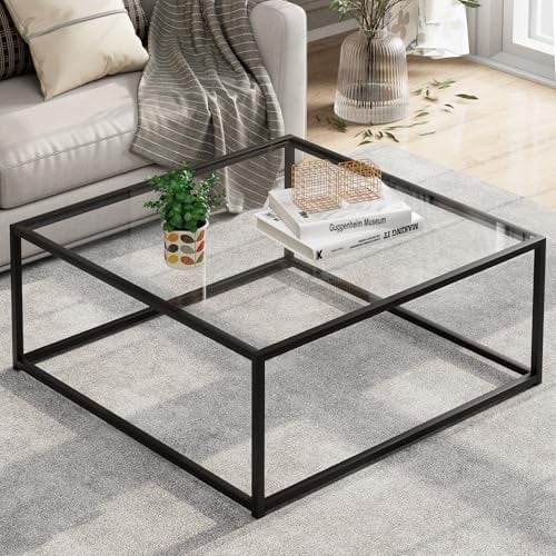 Garden 4 you Couchtisch Glas Schwarz, Quadratischer Wohnzimmertisch, Beistelltisch mit Metallgestell, Sofatisch, Couchtische, Glastisch für Wohnzimmer Balkon Büro, Transparentes Glas