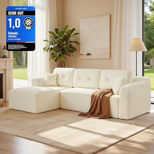 VASAGLE Canapé d’Angle, Canapé Modulable 244 cm, Livré Compressé en Colis, sans Montage, avec Grande Méridienne à Gauche, pour Salon, Chambre d’Amis, Blanc Crème LCS183WD01