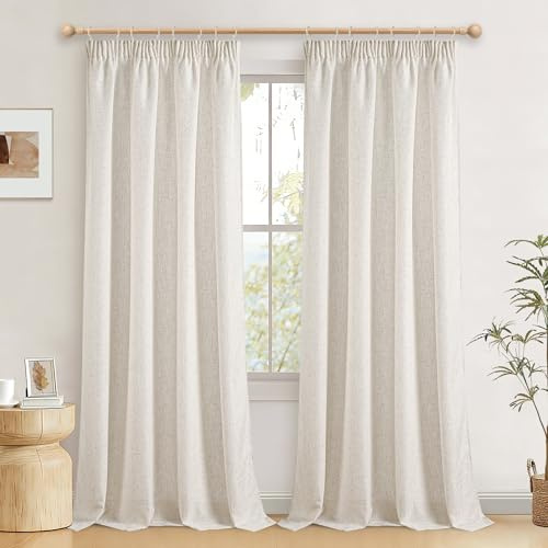 JIUZHEN Leinen Vorhänge mit Kräuselband Beige Leinenoptik Vorhang Wohnzimmer Natural Boho Gardinen Leinen Halbtransparent Gardine für Kinderzimmer Schlafzimmer Moderne 2er Set H 245 x B 140 cm