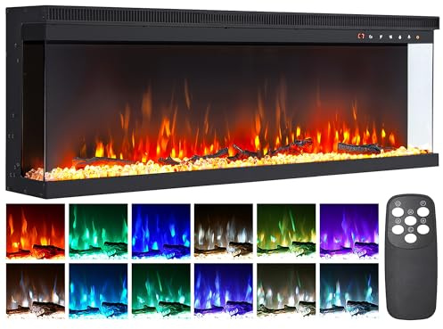 INMOZATA 50 Zoll/127cm Elektrokamin mit Heizung 900/1800W 3-in-1 Elektrischer Kamin Panorama-Sichtfenster Elektrisch Kaminofen mit 12 Flammenfarben, Einstellbarer Thermostat