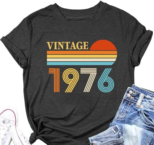 50th Birthday Shirts for Women Vintage 1975 Retro Birthday Party Top Casual Short Sleeve Loose Tee Tops
