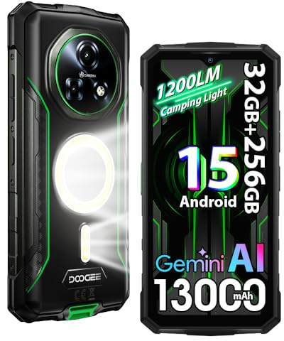 DOOGEE Fire 5 UItra 4G Rugged Smartphone,1200LM Luce Campeggio, 32GB+256GB/2TB,13000mAh 18W Android 15 Telefono Indistruttibile,6.6''HD+90Hz,48MP AI Fotocamera, IP68/NFC/OTG/3 Slot (Verde)