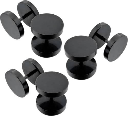 Lot de 3 Paires Boucles d'Oreilles Barbell 10mm Noir Piercing Clou | Vis à Visser, Faux Écarteur, Hypoallergénique, Homme Femme Fille Garçon