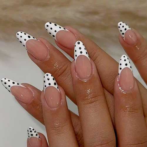 24 Pcs Press on Nails Long, Black and White Dots French Tip False Nails, Classic Almond Stick on Nail for Women, Long False Acrylic Nail Tips for Nail Art