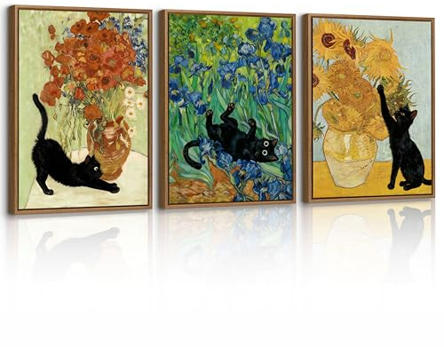 3Pcs Lustige Schwarze Katze Spielt mit Sonnenblumen Leinwand Bilder mit Rahmen, Van Gogh Mohnblumen und Katze Wandbilder Schwertlilien Tiere Bild Auf Leinwand Deko für Wohnzimmer Schlafzimmer 30X40cm
