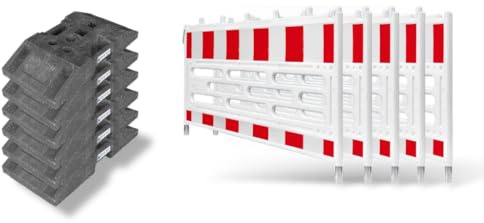 Schrankenzaun Set 5 Stück – Absperrzaun/Baustellenzaun inkl. 6x K1 Fußplatten – Mobil & Stabil – Ideal zur Baustellen-Absicherung, Events & Absperrungen – Robuste Kunststoffkonstruktion