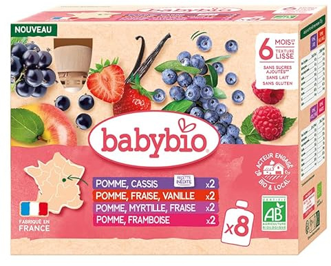 BABYBIO - Gourdes fruits - Multiparfums Pomme Fruits Rouges : Fraise Vanille/Myrtille Fraise/Framboise/Cassis - 8x90g - BIO