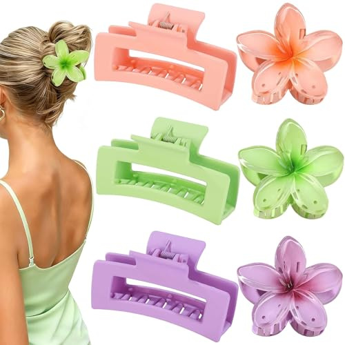 6 Piezas Pinzas Pelo Grande 8CM Rectangulares para Cabello Largo Grueso Hawaianas Pinza Flores Antideslisante Hair Claw Clip Colores Accesorios Para Peinados Para Mujeres y Niñas Playa Viajes (Tipo 1)