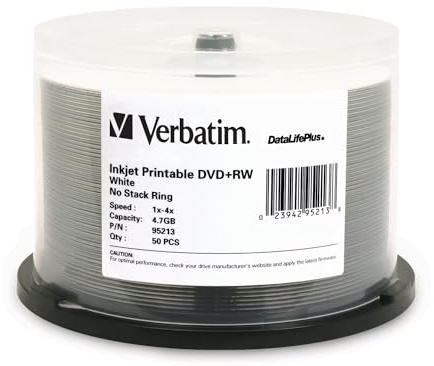 Verbatim DVD+RW 4.7GB 120Min Up to 4X Blank Discs Rewritable Up to 1000 Times DataLifePlus White Inkjet Printable - 50pk Spindle