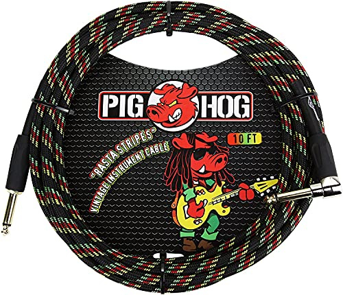 Pig Hog PCH10RAR 1/4 to 1/4 Right-Angle Rasta Stripes Guitar Instrument Cable, 10 Feet